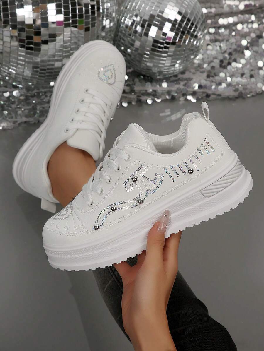 2026 Spring/Autumn New Platform Shoes Women Thick Sole Lace-Up Glitter Casual Sneakers
