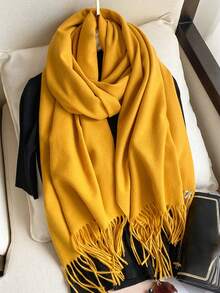 1pc Women's Black Thickened Plush Wool Double-Sided Imitated Cashmere Scarf, Elegant And Fashionable, Couple Shawl Scarf, Versatile And Warm, Suitable For Daily Use In Autumn And Winter