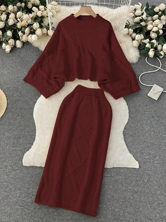 两件套女士时尚休闲蝙蝠袖毛衣和修身半裙套装，优雅女士秋冬装