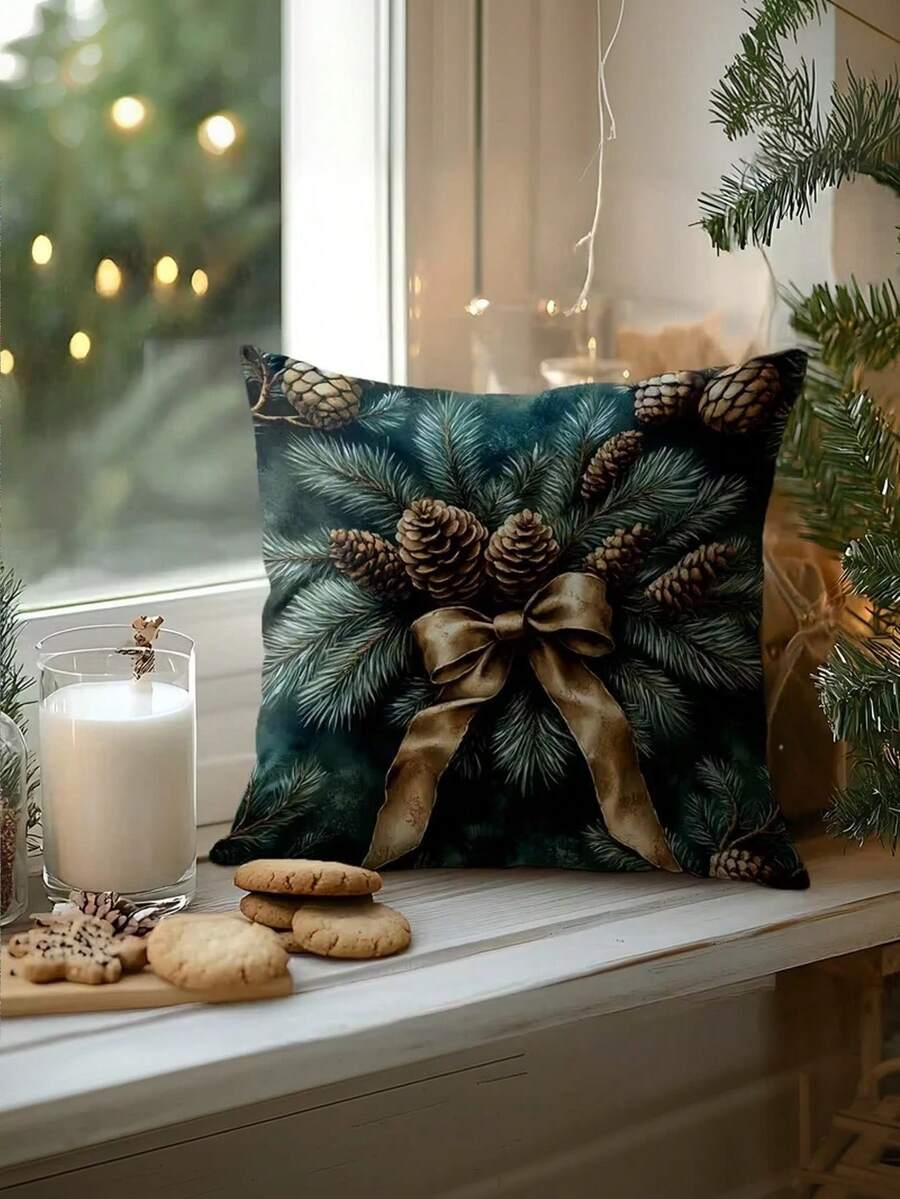 1/2/4pcs Large Square Christmas Cushion Cover - Pine Cones, Golden Bows - Dark Green Holiday Decor - Zipper Closure - Fits Living Room, Bedroom, Entryway - Seasonal Home Accent Pillow Case - Easy-Clean Fabric, Christmas Pillow Covers, Festive Room Decoration, Pinecone Pattern