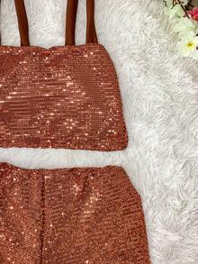 Women's Sequin Shorts, Pockets, Cropped Tops, Straps, Blogger Set - 紅陶 - 查看 5
