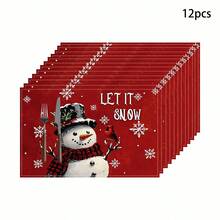 (¡¡¡Caliente!!!) 1/4/6 piezas Manteles individuales de lino rojo con escena navideña, decoración de mesa de cocina familiar de estilo rústico para Navidad y vacaciones de invierno.