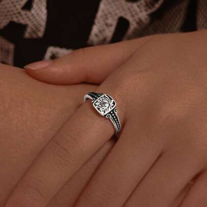 1 Peça Anel Geométrico Quadrado de Flor de Lótus de Prata 925 Elegante e Exclusivo, Adequado para Mulheres Usarem em Férias, Festas e Ocasiões Diárias