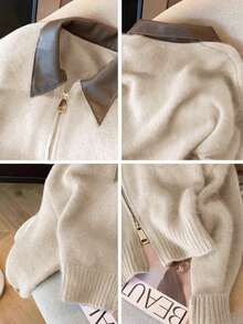 Vera Lane Women's Fall Winter Korean Style Old Money PU Collar Style Street Wear Boho Punk Two-Way Zipper Woolen Beige Jacket Christmas Sweater New Year Look - Apricot - View 10