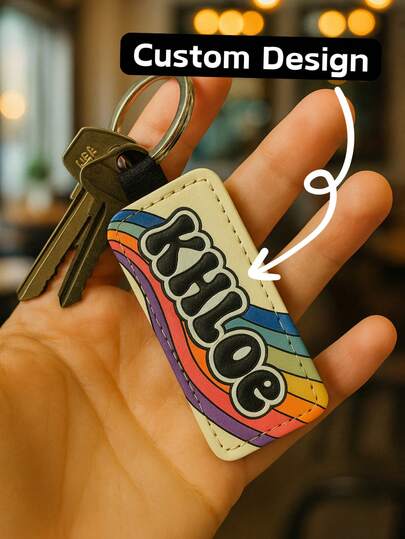 1 Pc Custom Name Retro Groovy Floral Mushroom Boho Hippie PU Leather Key Chain,Delicate Romance,For Office,For School,For Classroom,For Teacher Gifts,For University,For Colleague,For Dorm Rooms