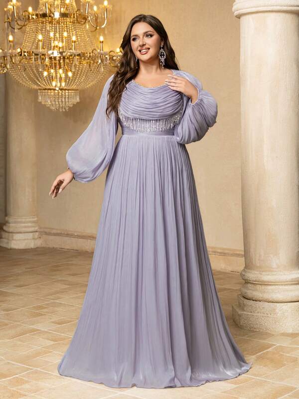 UNITHORSE Vestido de noche de gasa de manga larga y cuello redondo con flecos de silueta ajustada con temperamento UNITHORSE Plus para mujer