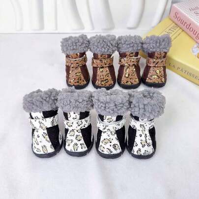 4 قطع/مجموعة بوت شتوية مضادة للانزلاق للكلاب الصغيرة بطبعة نمر ولحمة الثلج، بوت شتوية دافئة للخريف/الشتاء