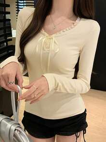 Women's Frill Trim Front Tie Long Sleeve Casual T-Shirt, Spring/Summer