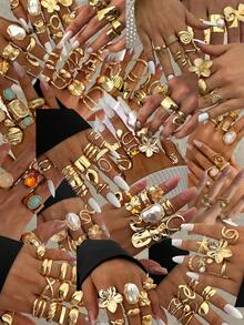 51/34/15/3pcs Vintage, Boho, Minimalist Elegant Retro Design Layered Rings Set, Flower, Bow, Pearl, Twisted, Heart, Rhinestone, Leaf, Moon, Star, Eye, Geometric, Cross, Chunky Rings, Suitable For Holiday, Party, Date, Gift, Daily Wear (Random Delivery)