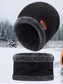 2pcs/Set Winter Men Windproof Warm Cold-Proof Fleece Knitted Hat Scarves Thickening Wool Neck Scarf Outdoor Cycling Cap Unisex