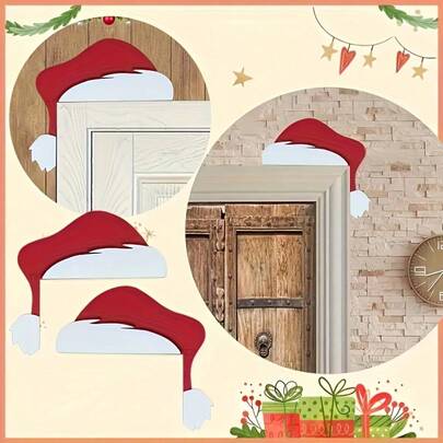 2pcs Modern Artificial Wooden Santa Claus Hat Door Frame Decor, Multifunctional Holiday Wall Decoration Accessory, Suitable For Home Themes