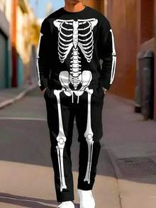 2pcs/Set Men Skull 3D Digital Print Round Neck Sportswear Set, Streetwear Casual Sweatshirt And Pants, Suitable For Holiday Party, Autumn - Black - View 12