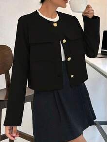 Women's Elegant Casual Dragon & Phoenix Patterned Jacket, Round Neck Solid Color Long Sleeve Outerwear, Minimalist & Fashionable For Autumn/Winter Black - Black - View 2