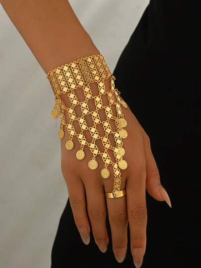 1pc Elegant Classic Luxury Hollow Vintage Coin Pendant Linked Finger Chain Bracelet, Women's Jewelry Accessory For Parties And Events (May Have Slight Size Variation Due To Non-Manual Cutting)