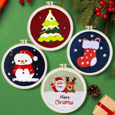 [Christmas Limited Edition] Punch Embroidery DIY Kit - Santa Claus + Embroidery Hoop + Punch Pen Full Set, Includes Colorful Threads & Punch Needle, Christmas Blessing Gift, Holiday Decoration Handmade Gift