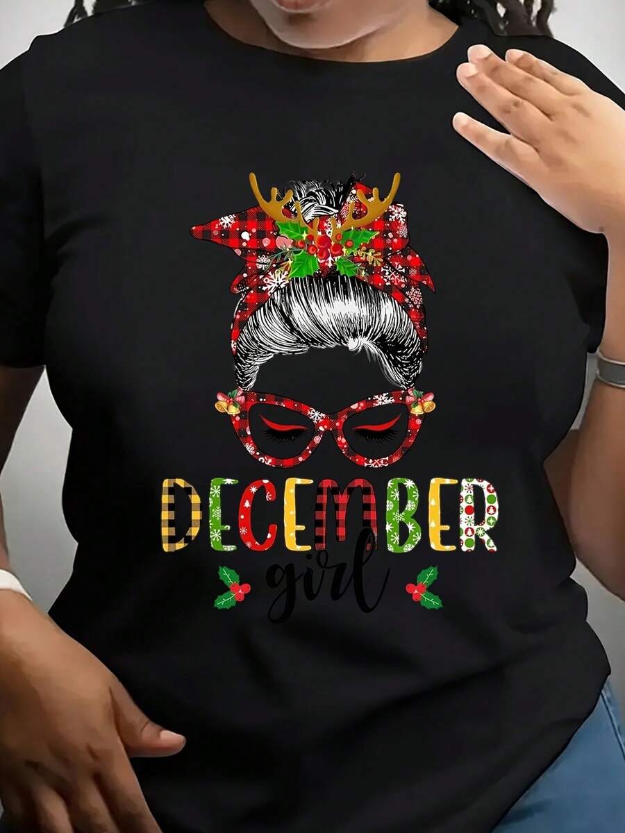 December Girl Christmas Holiday Graphic Shirts With Festive Hair Bun And Reindeer Antlers Design For Women, 220g - Black - View 1