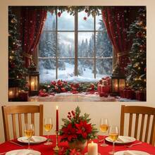 1 Peça Cenário de Bottom para Festa de Natal Feliz, Cena de Janela Nevada com Cortinas Vermelhas, Caixas de Presente, Laços Vermelhos, Azevinho, Bastões de Doce, Perfeito para Festas de Natal, Reuniões Familiares, Fotografia de Retrato, Banner de Vinil