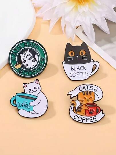 4 قطع دبابيس إبزيم قطة وقهوة مطلية بالمينا، سبيكة الزنك كرتونية، مناسبة للارتداء اليومي، مواد خالية من الفسيفساء، إكسسوار عصري لجميع المواسم