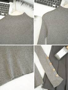 女式卡其色高领毛衣，金属纽扣装饰，温暖针织上衣，适合分层穿着，适合通勤和日常穿着，秋冬