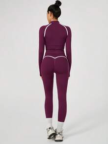 NcmRyu 一套女士立领撞色条纹拉链设计长袖上衣和裤子运动服套装 - 紫色 - 查看 4