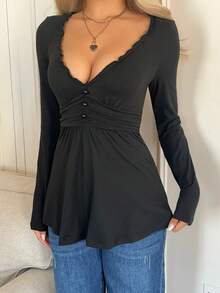 女士性感黑色V领长袖针织上衣，荷叶边设计，修身腰身，休闲街头居家T恤，春季款 - 黑色 - 查看 9