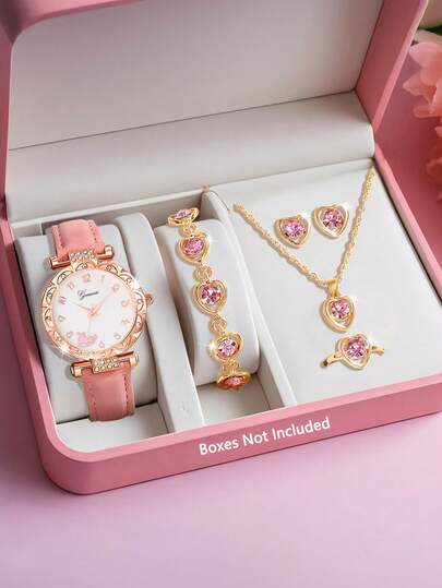 6/5pcs Of Cute And Elegant PU Leather Strap Quartz Watch For Girls, Paired With Elegant Diamond Necklace, Bracelet, Ring, And A Pair Of Earrings, Perfect For Students' Daily Life, Such As Returning To School, Parties, And Travel. It Is The Best Gift For Birthdays And Graduation Season, The Perfect Gift For Girls