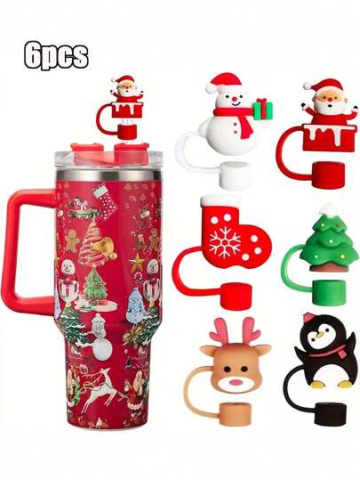 4/6 peças de tampa de canudo de Natal para copo, acessórios de 10 mm/0,4 pol., tampas de canudo para garrafas de água de 30 e 40 onças, - Papai Noel fofo, boneco de neve, árvore de Natal, tampas de pontas reutilizáveis para presentes de Natal, tampa de ponta de canudo, tampa de canudo, tampas para copos, acessórios para copos, copos sazonais, tampas festivas, acessórios para bebidas festivas para todos, itens essenciais para presentes de Natal
