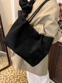 2026春季新款咖啡棕色绒面复古包，大容量单肩包，带小口袋和腋下袋，商务休闲日常通勤包，适合工作、购物、约会、旅行、大学生等各种场合，女士手提包，日常使用 - 黑色 - 查看 5