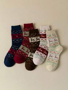 5 双女士圣诞驯鹿图案百搭中筒袜，秋冬款 - 彩色 - 查看 2