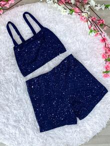 Women's Sequin Shorts, Pockets, Cropped Tops, Straps, Blogger Set - Navy Blue - View 1