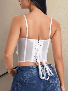 Apperloth Vintage Elegant Solid Lace Up Croset Floral Embroidery Grommet Eyelet Asymmetrical Structure Boned Backless Shapewear Spaghetti Strap Top Halloween Chrristmas Clothes For Women