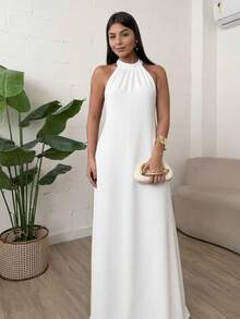 Women's Long Duna Dress Elegant Summer High Neck Tank Top Bare Back Bow - 白色 - 查看 6