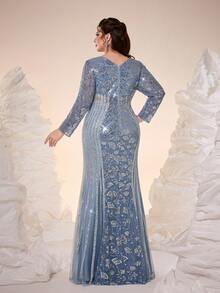 Plus Size Fall Winter Elegant Luxury Shiny Sequin Embroidered Fitted Mermaid Evening Dress, Long Sleeve Waist Cutout Striped Tulle For Party Festival - Blue - View 2