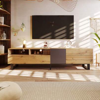 Modern Color-Blocking TV Cabinet With Wood Grain 180cm