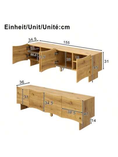 Moderne TV Cabinet Wave Pattern 155 Cm Media Console Storage Space, Four Doors Cable Outlets In Wood Look, Stylish The Living Room view 2