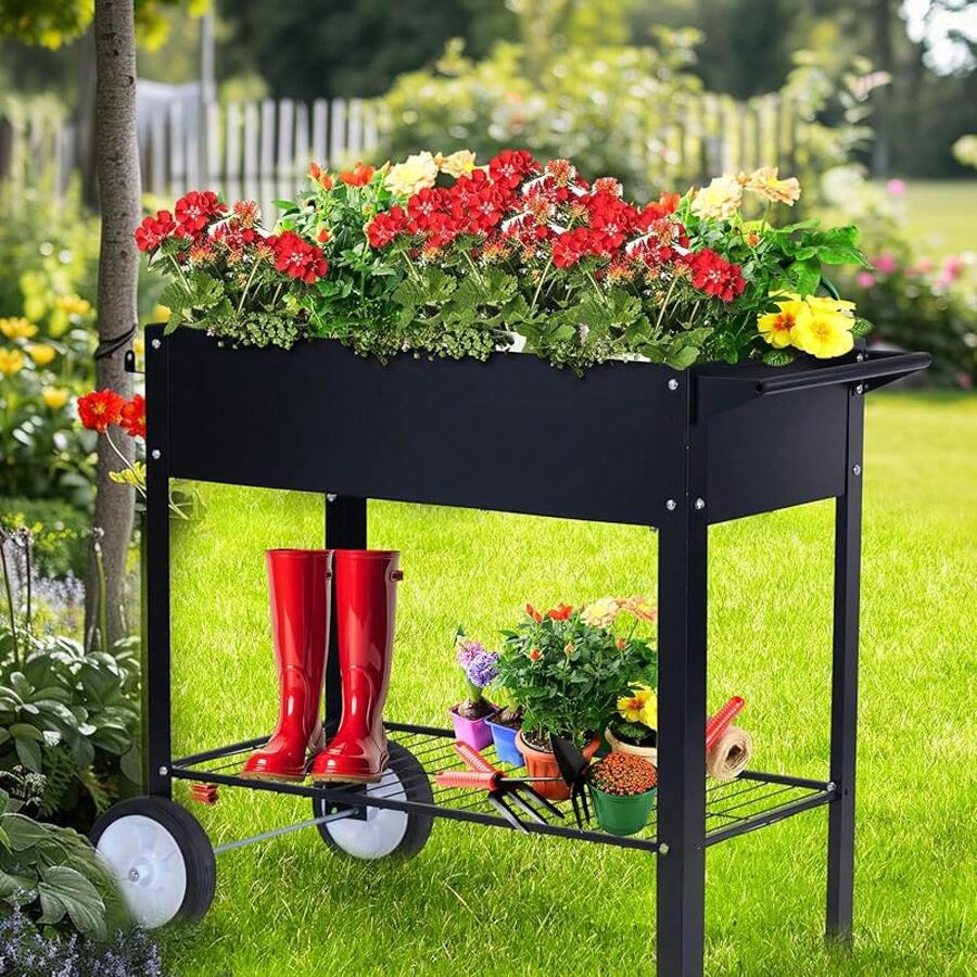 Raised Planter Box With Wheels Outdoor Elevated Raised Garden Bed On Wheels Mobile Planter Cart With Storage Shelf Vegetables, Flowers, Herbs Planting