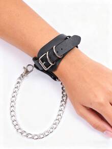 1件哥特朋克黑色PU皮革链条腰带，女士可调节手链/腿链/脚链 - 万圣节派对优雅配饰 - 黑色 - 查看 10