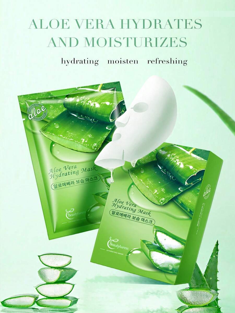 10 piezas Mascarilla facial hidratante de Aloe Vera - Ilumina la piel, reduce las marcas de acné, calma y hidrata, refina los poros, minimiza las líneas finas, apta para todo tipo de pieles