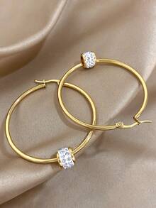 1Pair Large Hoop Earrings For Women Rhinestone Golden Hoop Earrings Stainless Steel Earrings For Mother Day Valentine Party Vacation Festival Jewelry Gifts - Multicolor - View 3