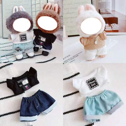 [Clothes Only] 17CM Doll Casual T-Shirt Set, 17CM Vinyl Blind Box Collectible Figure For LABUBU Doll, Fashion Versatile Casual Set (Doll Not Included)