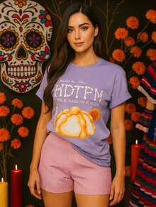 Playera camiseta estampada dama día de muertos HDTP hora de tragar pan de muerto, ideal para festividades, halloween - Lila Púrpura - Ver 2
