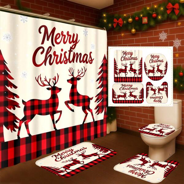 1 pezzo/4 pezzi Set di decorazioni per il bagno multifunzionali con elementi natalizi, motivi a quadri, renne e alberi di Natale, include 12 ganci gratuiti, elegante atmosfera natalizia, decorazione invernale, tappetino da bagno, tappetino a forma di U e tappetino rotondo per il water, adatto per tutti gli scenari di decorazione natalizia