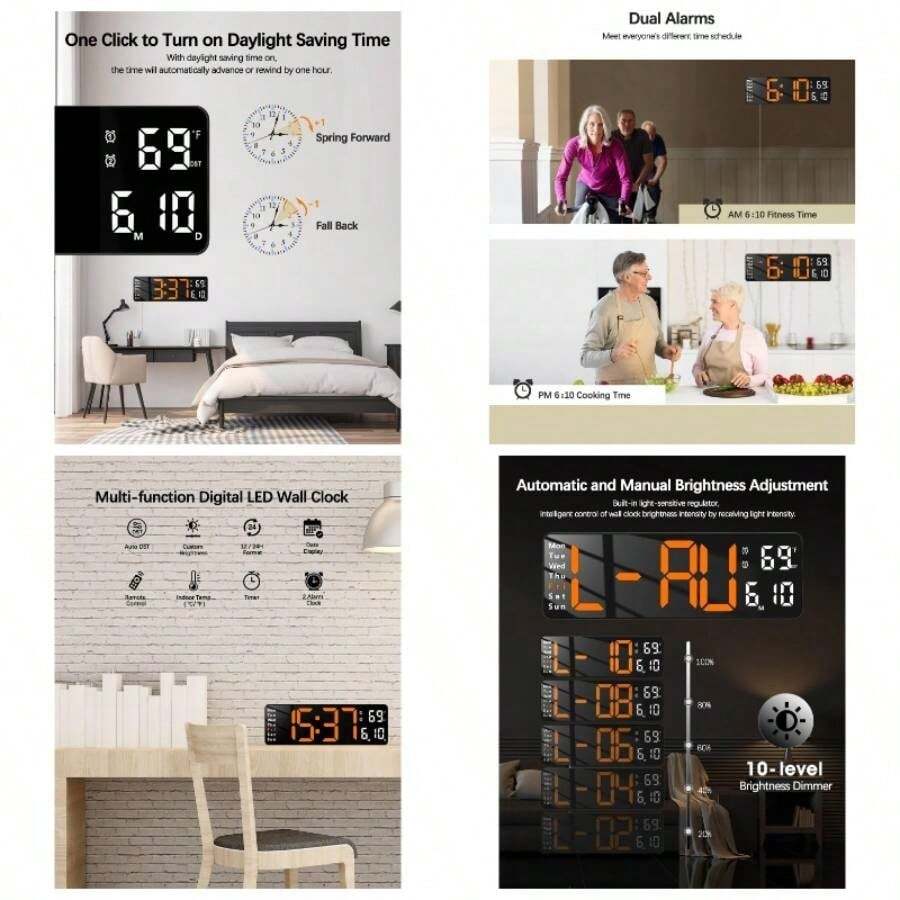 Reloj de pared digital u2013 visualizacin de 13 pulgadas, alarma, control remoto, hora automtica de ahorro de luz diurna, brillo, fecha, semana, temporizador, temperatura, 1224 horas, para sala de estar, recmara naranja - naranja - Ver 1