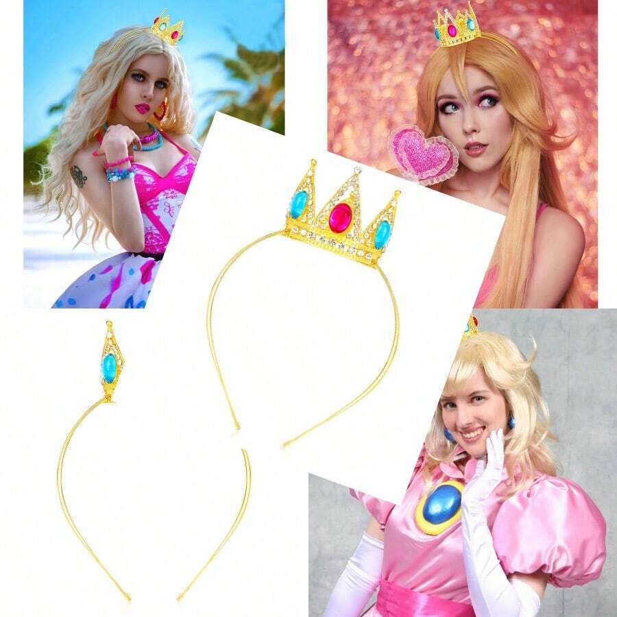 Princess Tiara Peach Crown For Women Girls Red Blue Princess Halloween Cosplay Headband Queen Crown Tiaras Metal Birthday Prom Wedding Party Hair Accessories C - 公主C - 查看 1