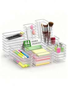 44pcs Transparent Plastic Drawer Finisher Suite, Makeup Organizer,4 Sizes Multi -Functional Bathrooms And Dressing Table Drawers, Cosmetics, Bedrooms, Kitchen Tools And Office Storage Boxes,Storage And Organization,Vanity,Local Warehouse
