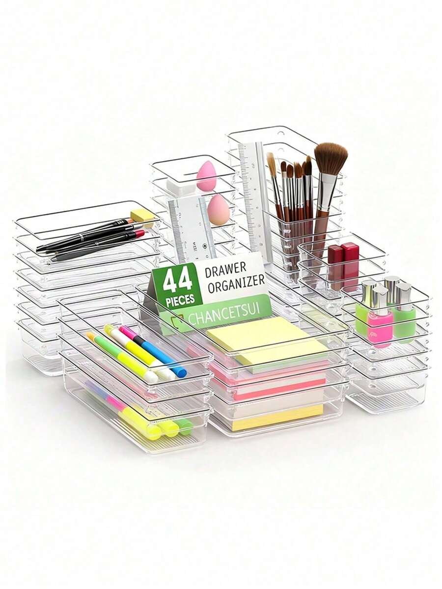 44pcs Transparent Plastic Drawer Finisher Suite, Makeup Organizer,4 Sizes Multi -Functional Bathrooms And Dressing Table Drawers, Cosmetics, Bedrooms, Kitchen Tools And Office Storage Boxes,Storage And Organization,Vanity,Local Warehouse