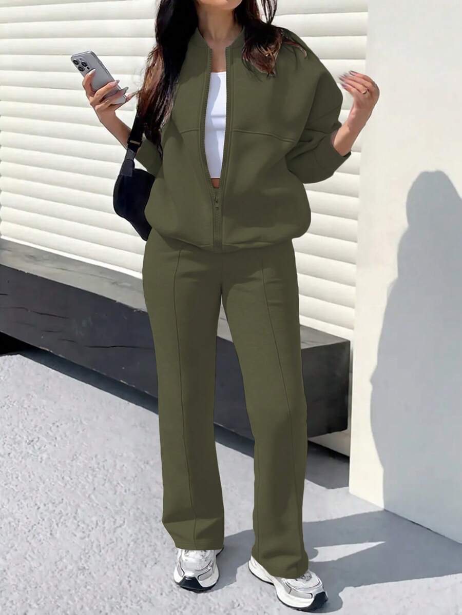 两件套休闲纯色卫衣外套上衣和直筒裤套装，柔软抓绒面料，适合春、秋、冬季穿着。 - 軍綠色88# - 查看 1