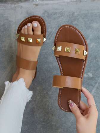 2025 Halloween & Christmas Korean Style Casual Flat Slippers For Women, Summer New Round Toe Flat Roman Sandals, Women Fashion Comfortable Slip-On Sandals, Women's French Toe Rivet Decor H-Shaped Flat Brown Sandals Suitable For Dresses, Leggings And Beach/Outdoor Vacation, Black Sandals