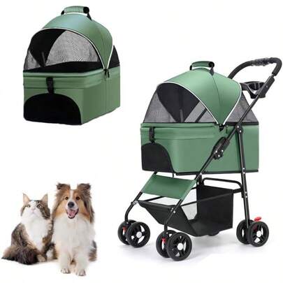 MINYII Pet Stroller Premium 3in1 Multifunction Jogger Stroller For Medium Small Dogs Cats Folding Lightweight For Travel With Detachable Carrier98x65x45cm Portable Pet Stroller For Injured Pet Gift Green