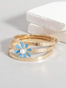 3 قطع سوار أطفال بنات من 3-9 سنوات مزين بالزهور اللؤلؤية متعدد الطبقات فاخر